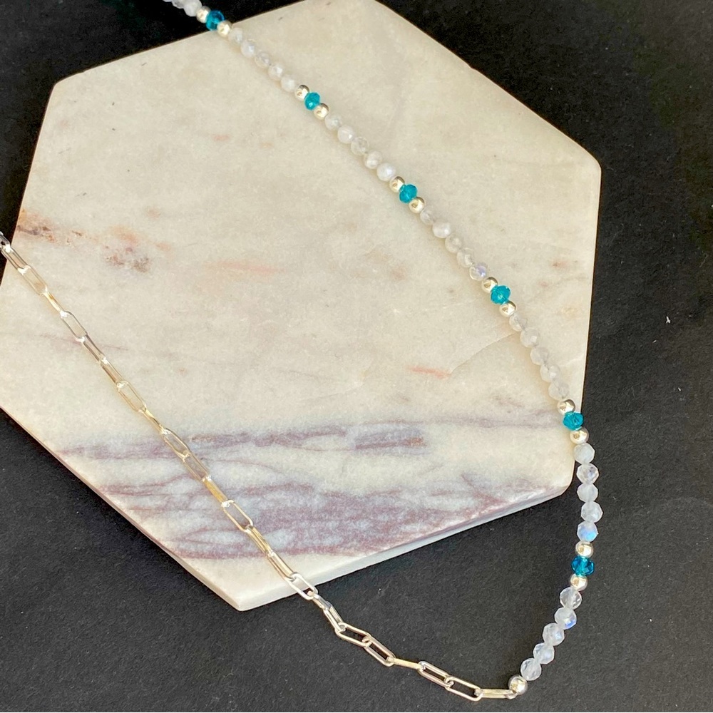 Half and Half Moonstone Apatite Necklace Choker Sterling Silver paper clip chain